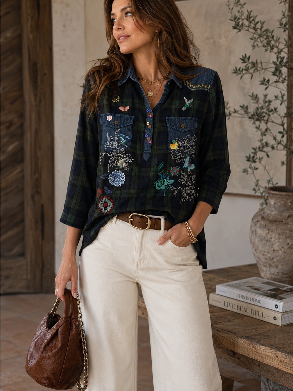 Desigual XXL Embroidered Plaid Shirt — Boho Western Statement Top